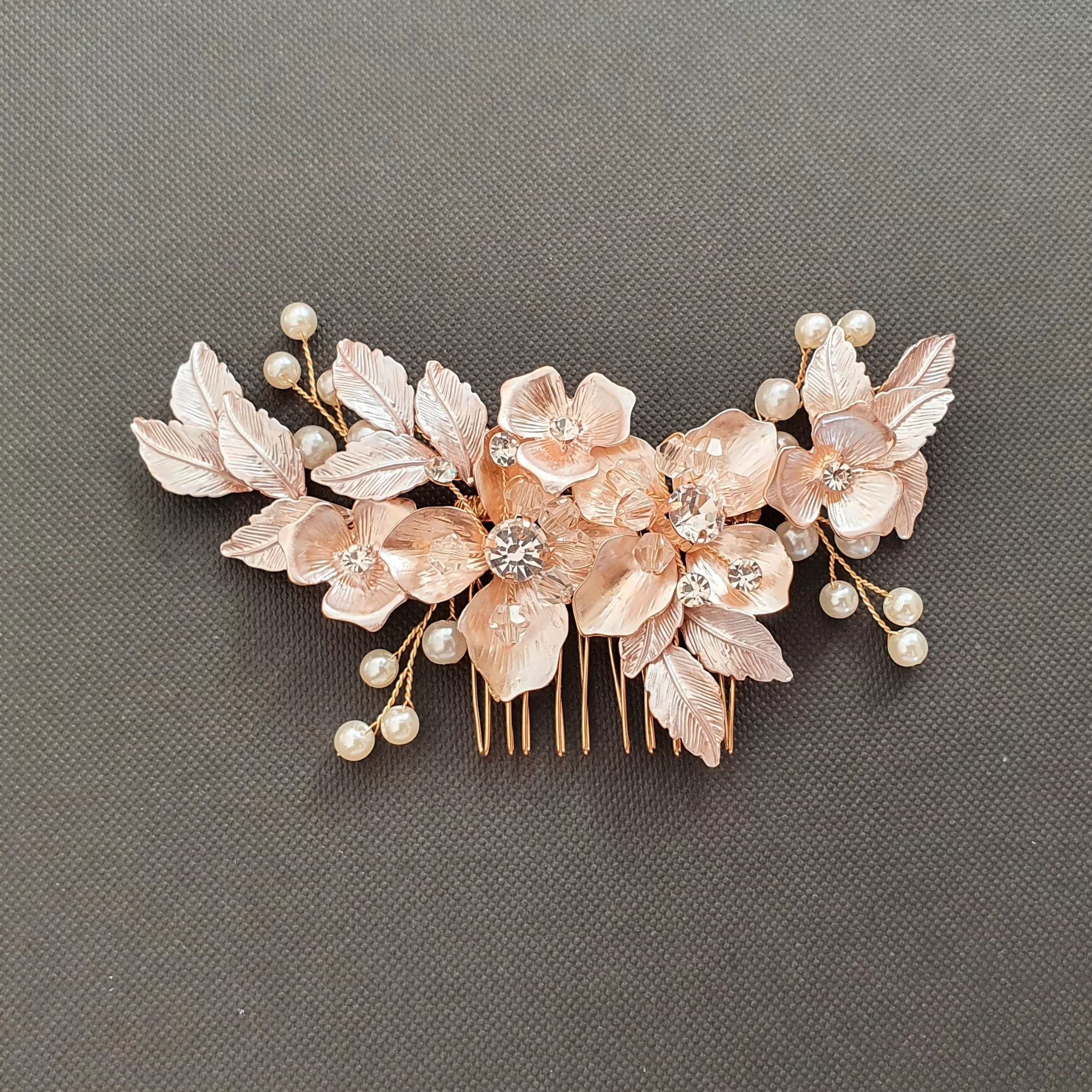 Gold Hair Comb with Flower and Leaf-Azalea