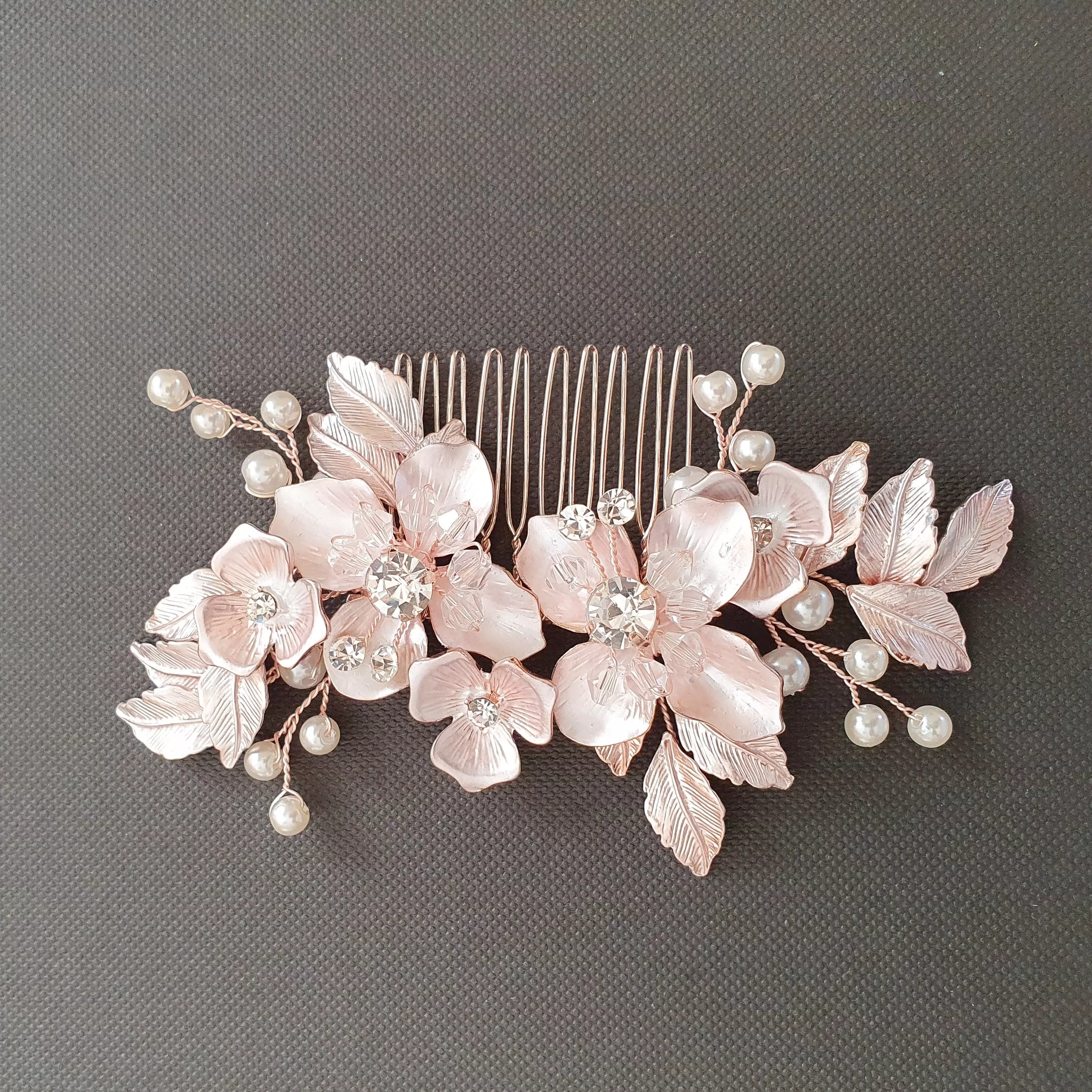 Gold Hair Comb with Flower and Leaf-Azalea