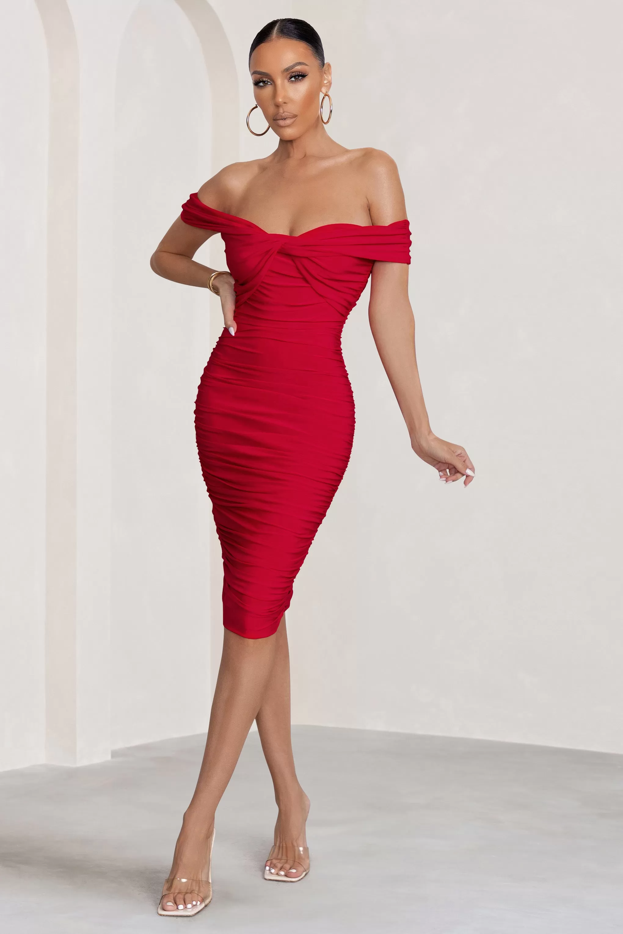 Gratitude | Red Off The Shoulder Ruched Midi Dress