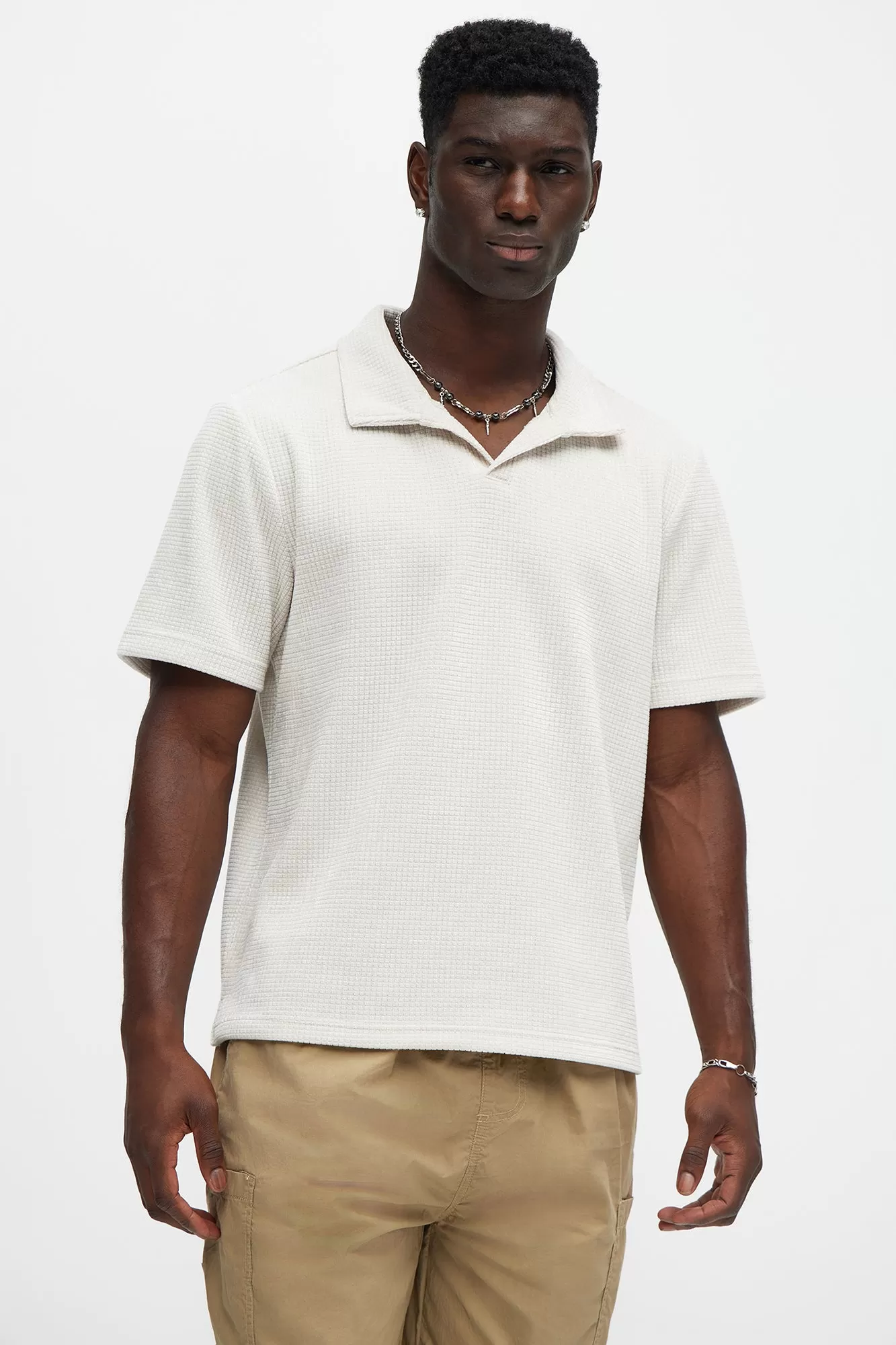 Greenville Waffle Knit Johnny Collar Short Sleeve Polo - Cream