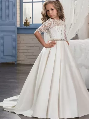 Half Sleeves Kids Formal Party Dresses Satin Floral Lace A-line Flower Girl Dresses