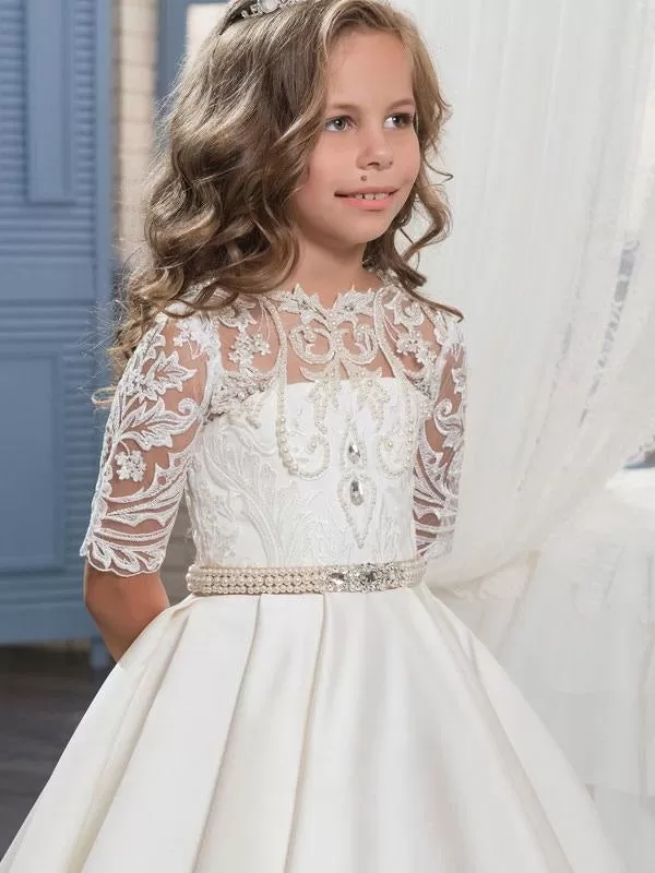 Half Sleeves Kids Formal Party Dresses Satin Floral Lace A-line Flower Girl Dresses