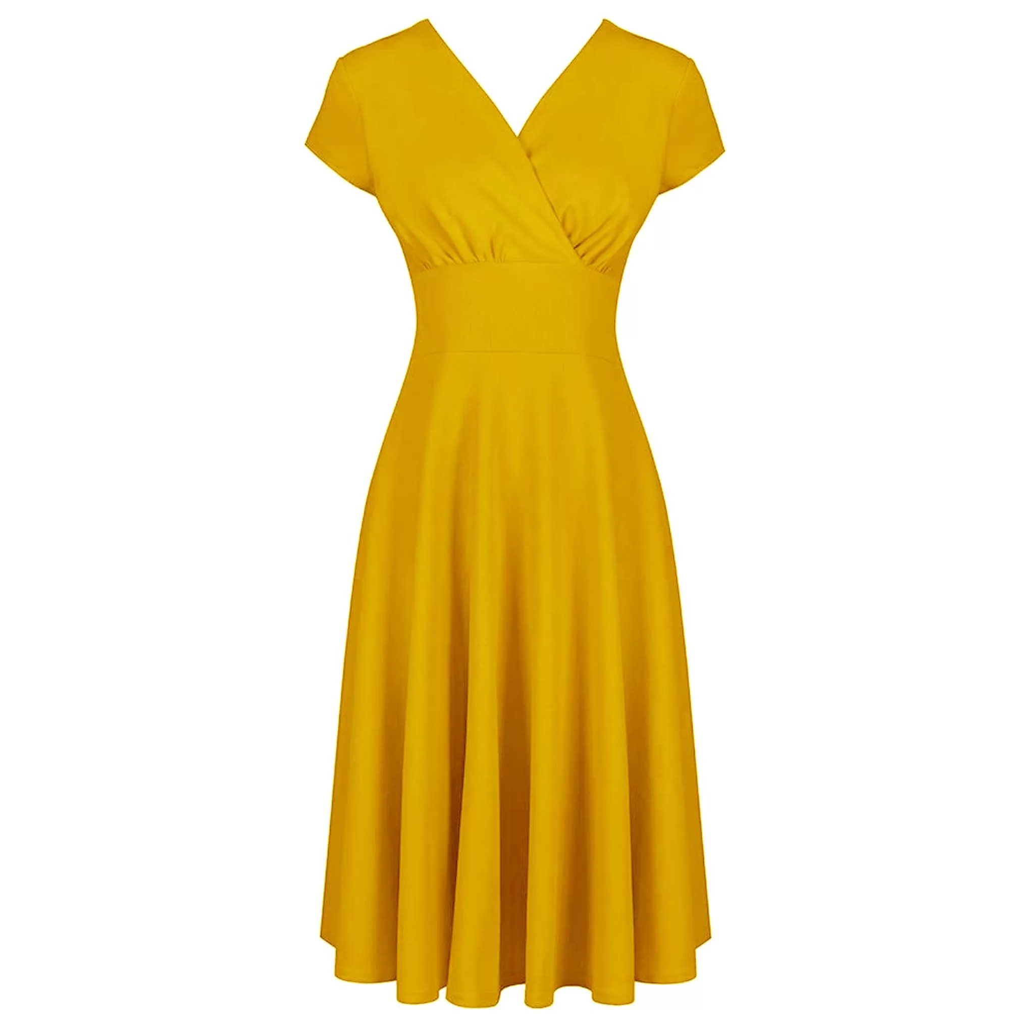 Honey Yellow A Line Vintage Crossover Capped Sleeve Swing Dress