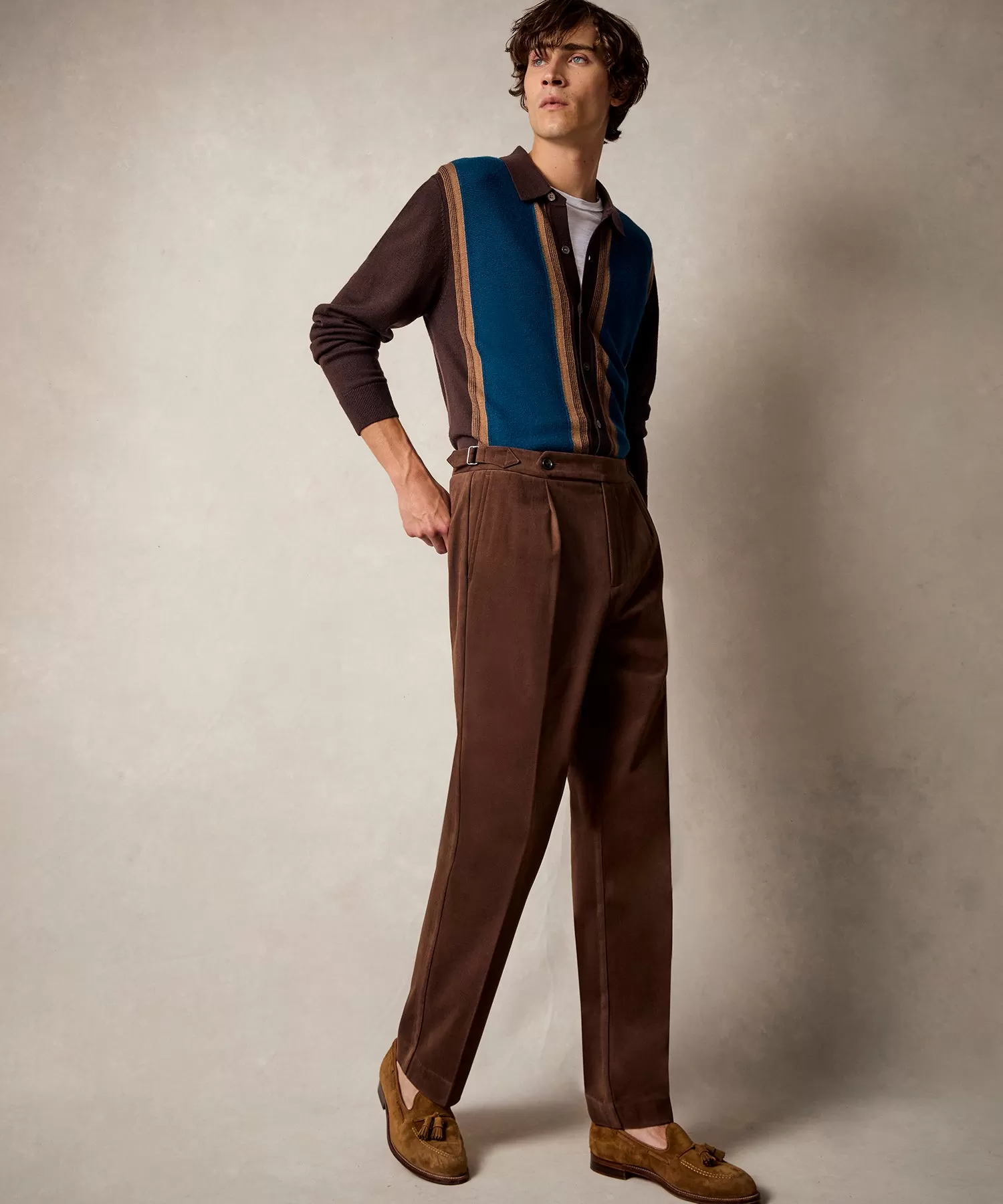 Italian Brushed Cotton Side Tab Trouser in Brown