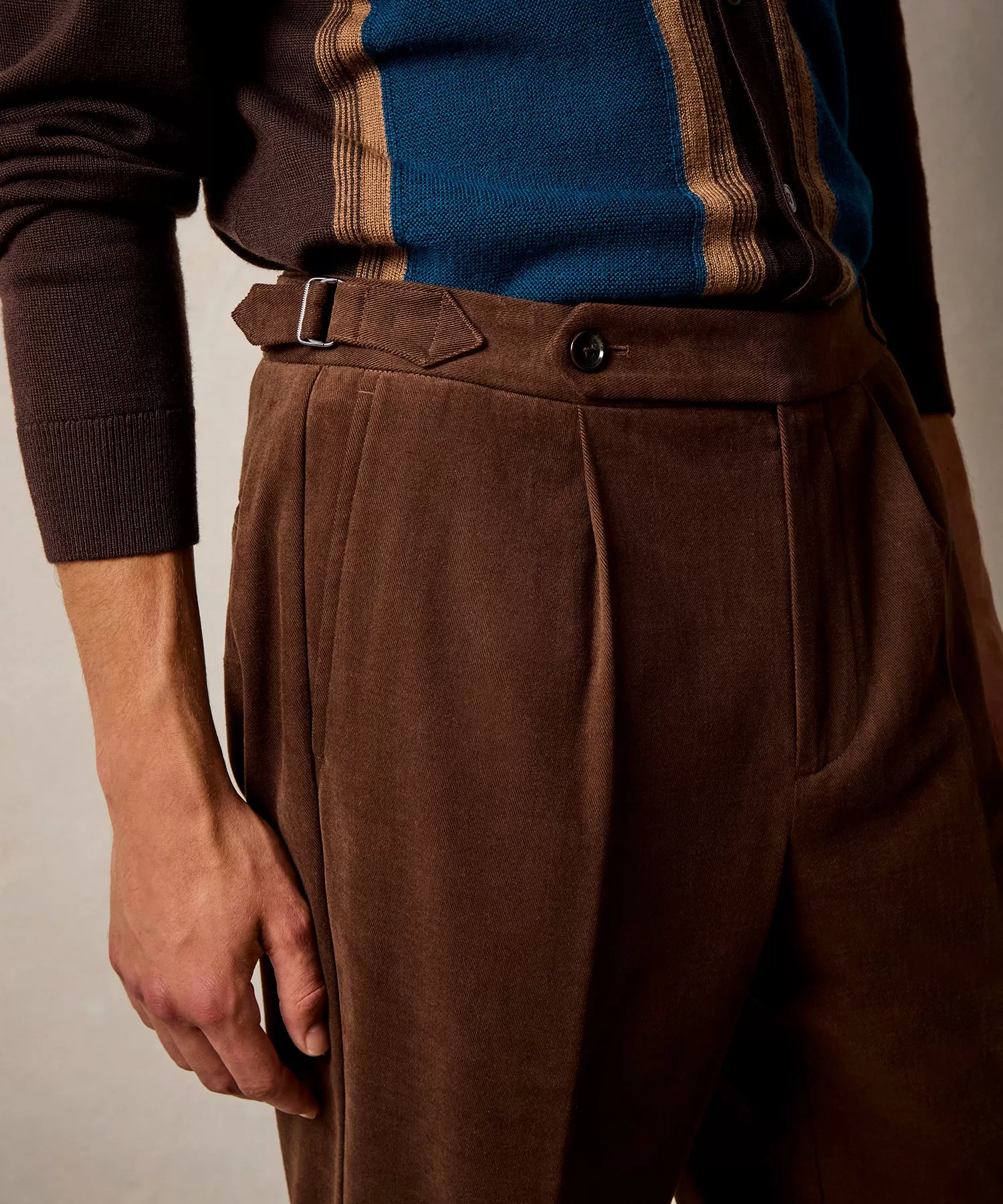 Italian Brushed Cotton Side Tab Trouser in Brown