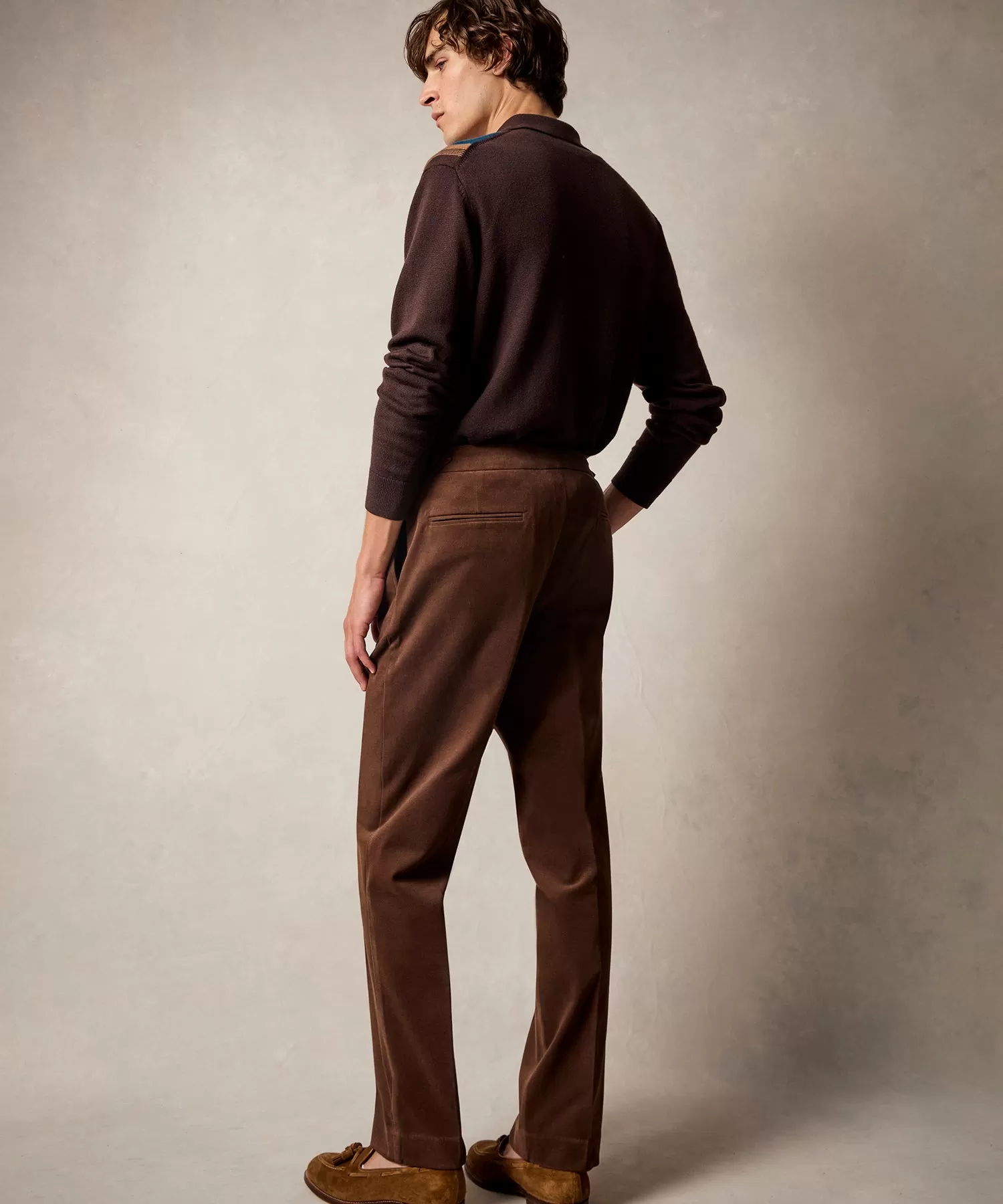 Italian Brushed Cotton Side Tab Trouser in Brown