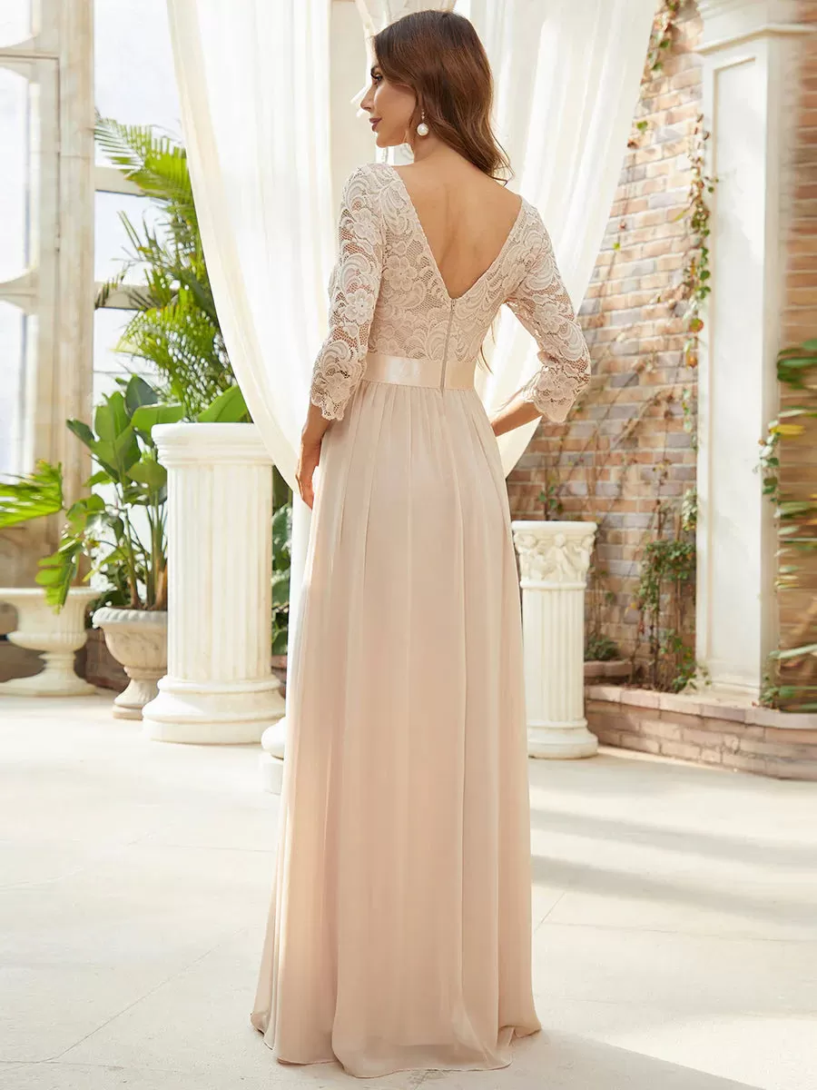 Lace Top High Neck Three Quarter Sleeve Bridesmaid Dress