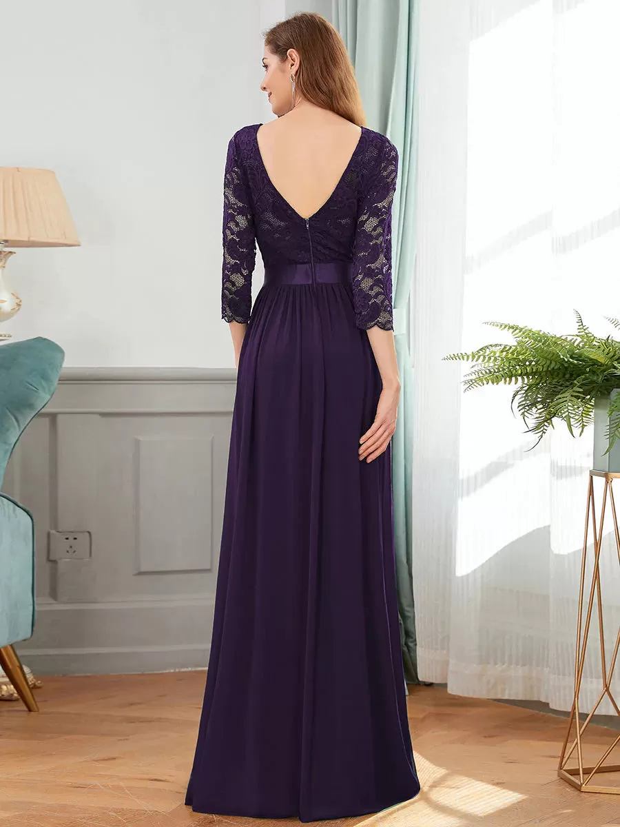 Lace Top High Neck Three Quarter Sleeve Bridesmaid Dress