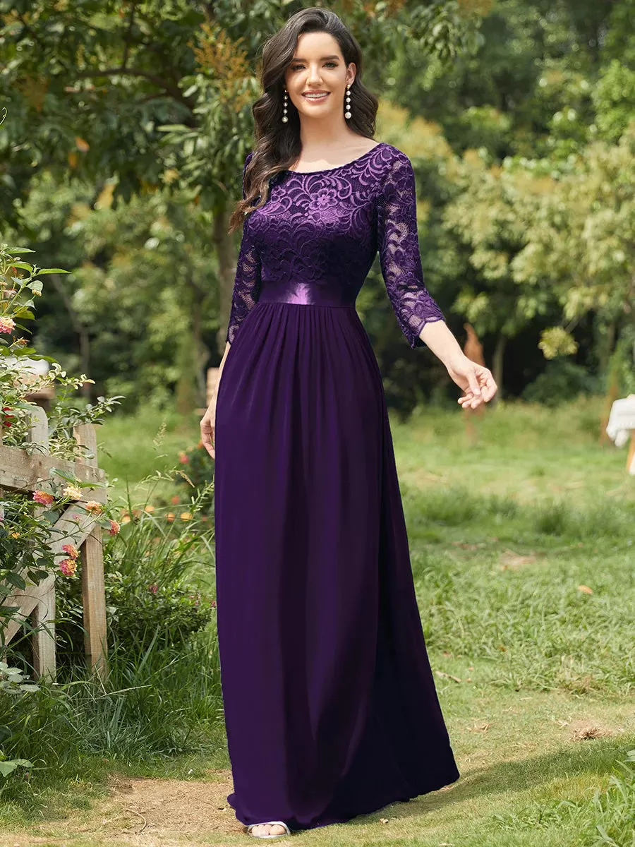 Lace Top High Neck Three Quarter Sleeve Bridesmaid Dress