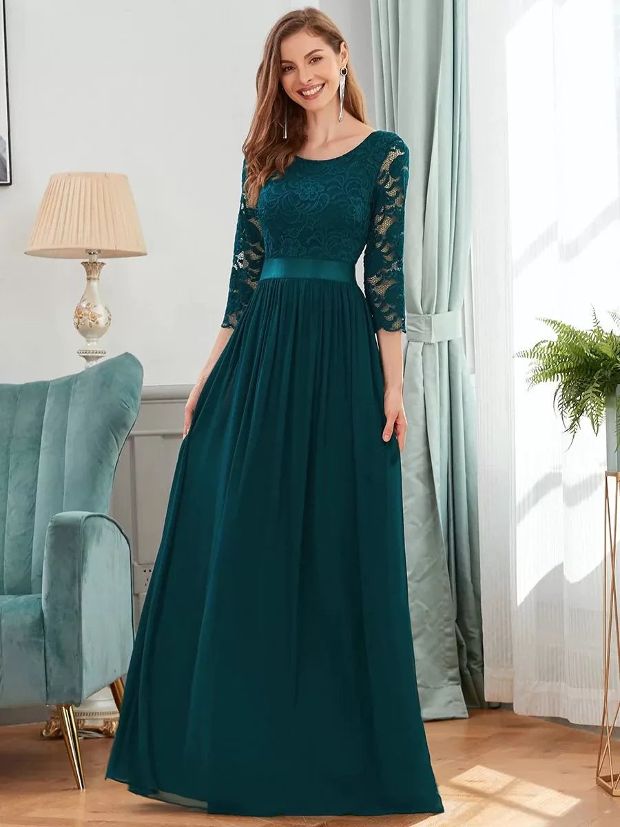 Lace Top High Neck Three Quarter Sleeve Bridesmaid Dress