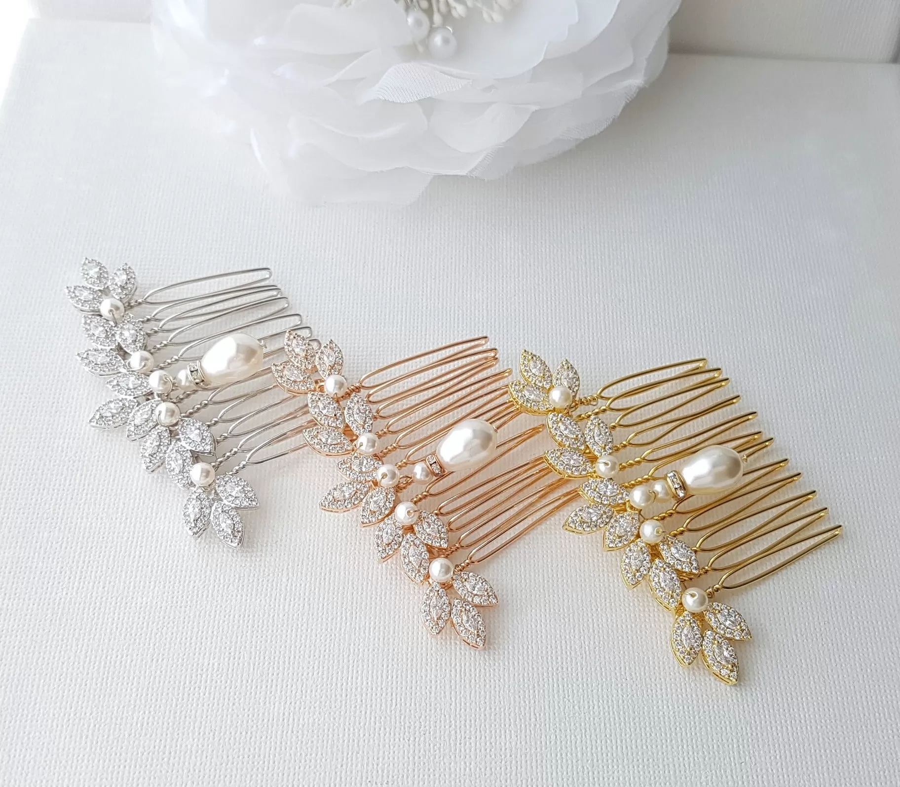 Leaf Design Rose Gold Pearl Wedding Hair Comb-Abby