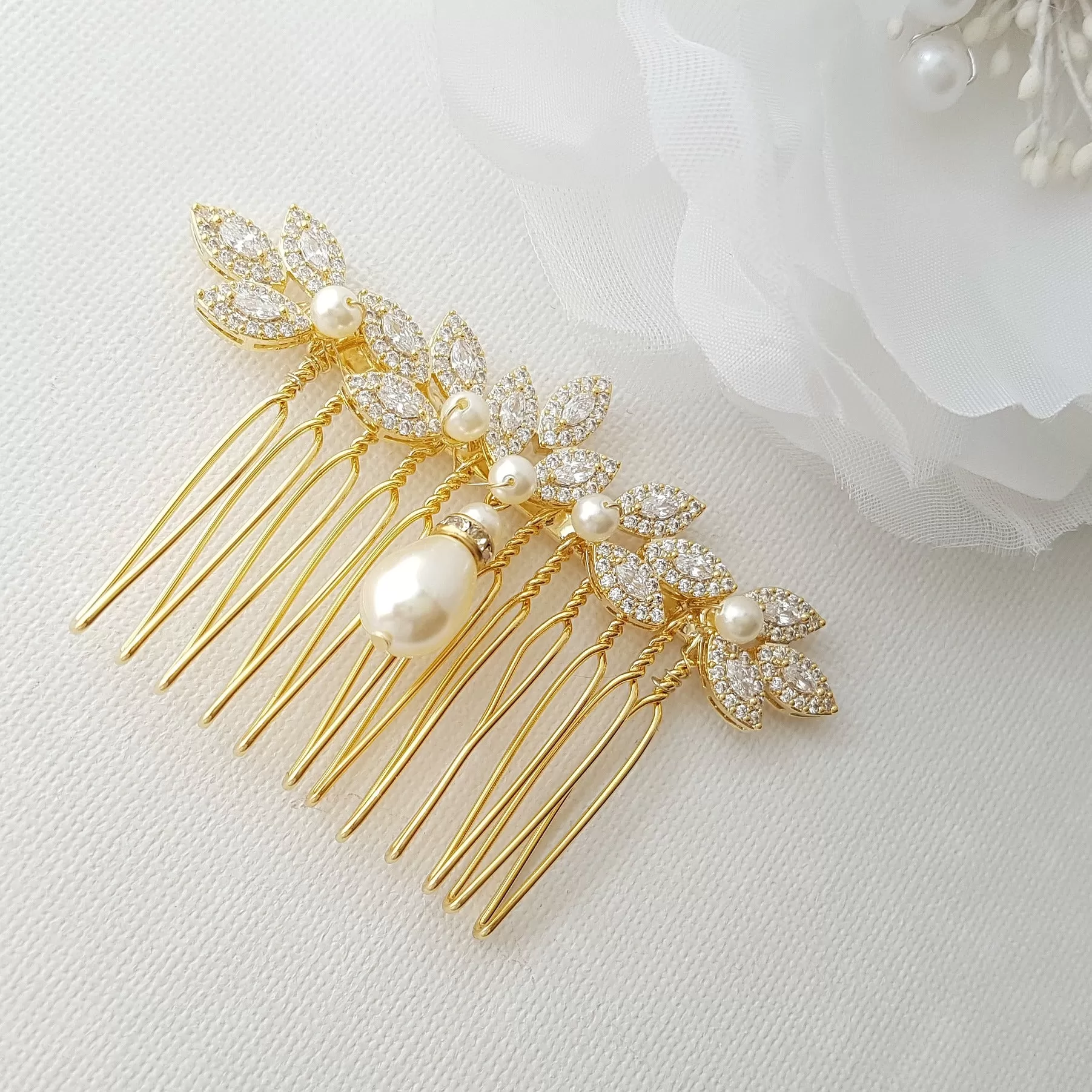 Leaf Design Rose Gold Pearl Wedding Hair Comb-Abby