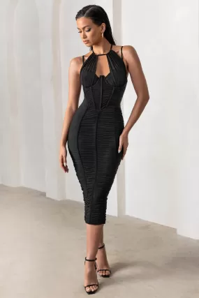 Liveliness | Black Halter Neck Midi Dress With Mesh Overlay