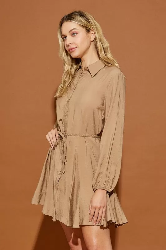 LONG SLEEVE TWISTED BELT SHIRT DRESS