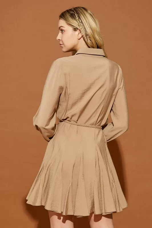 LONG SLEEVE TWISTED BELT SHIRT DRESS