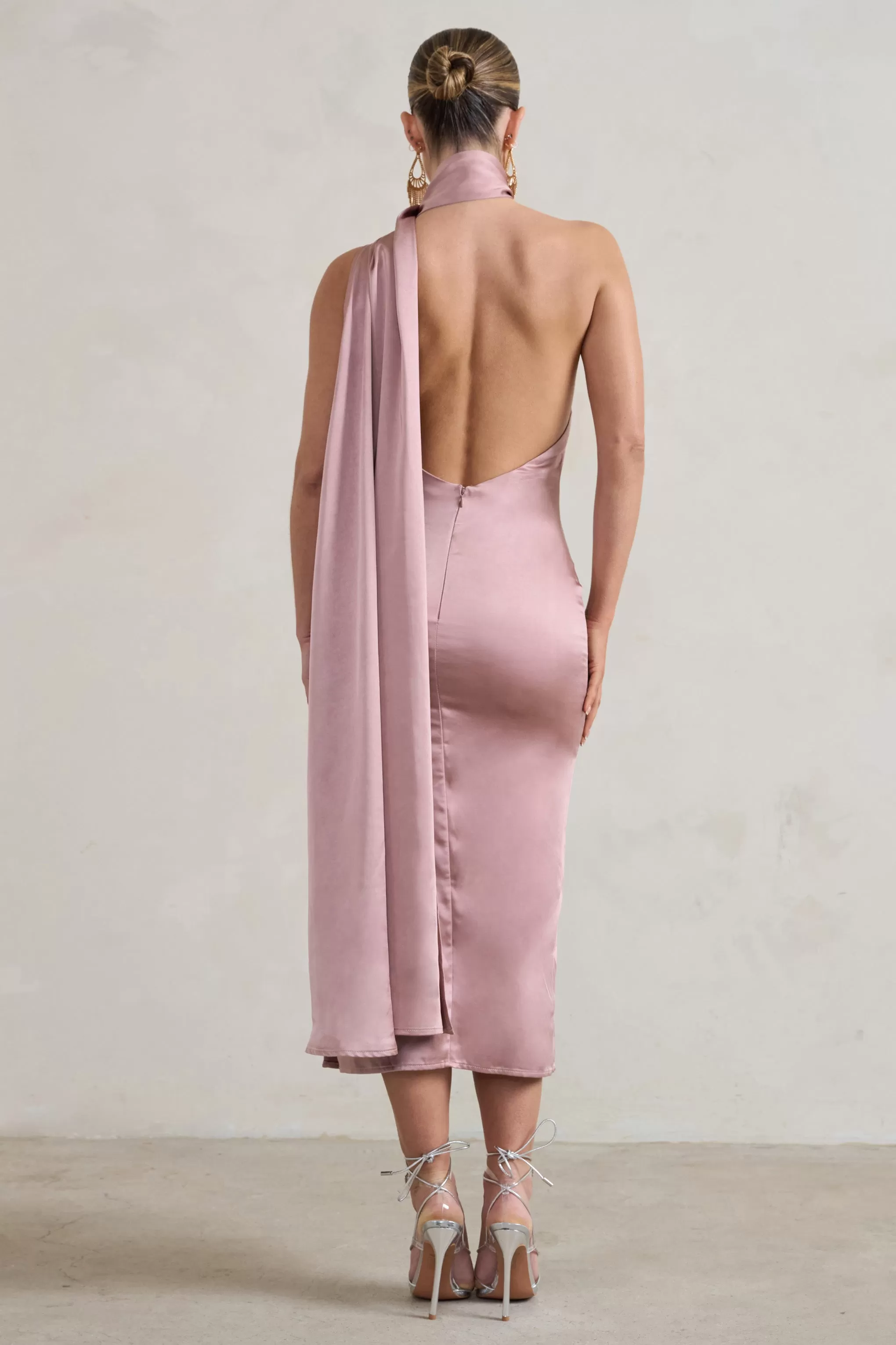 Madame | Blush Pink Satin Asymmetric Scarf Neck Backless Midi Dress