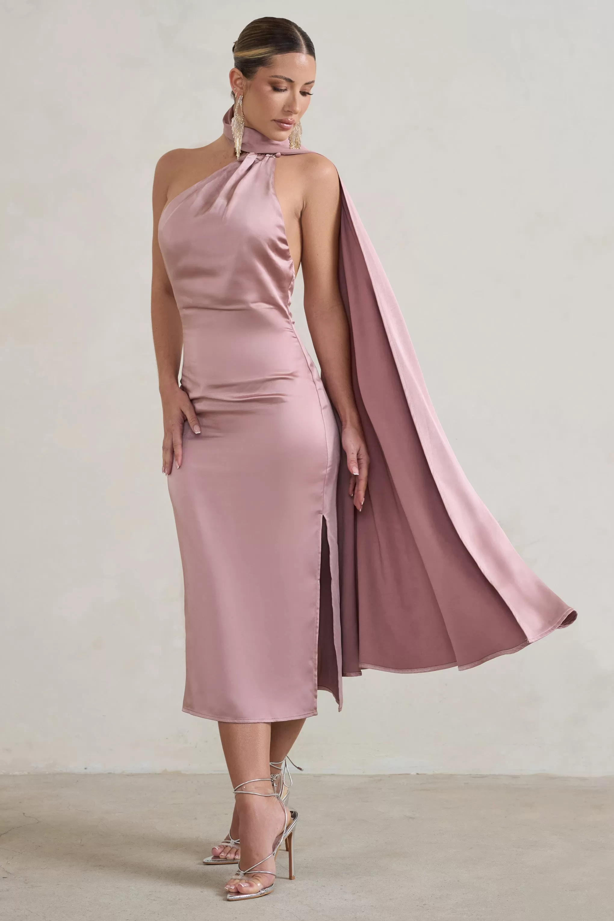 Madame | Blush Pink Satin Asymmetric Scarf Neck Backless Midi Dress