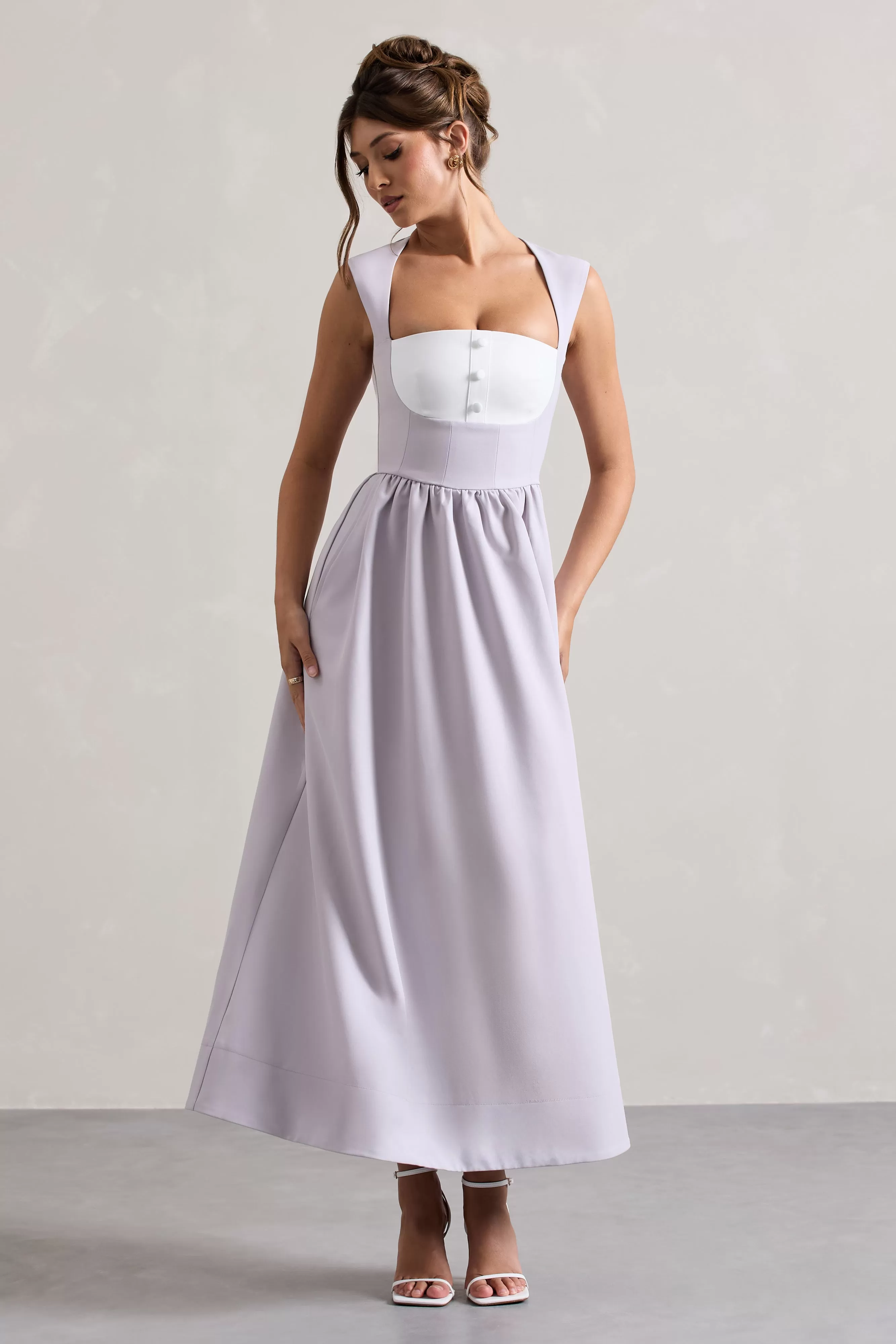 Maybelle | Mauve Square-Neck Corset Skater Maxi Dress