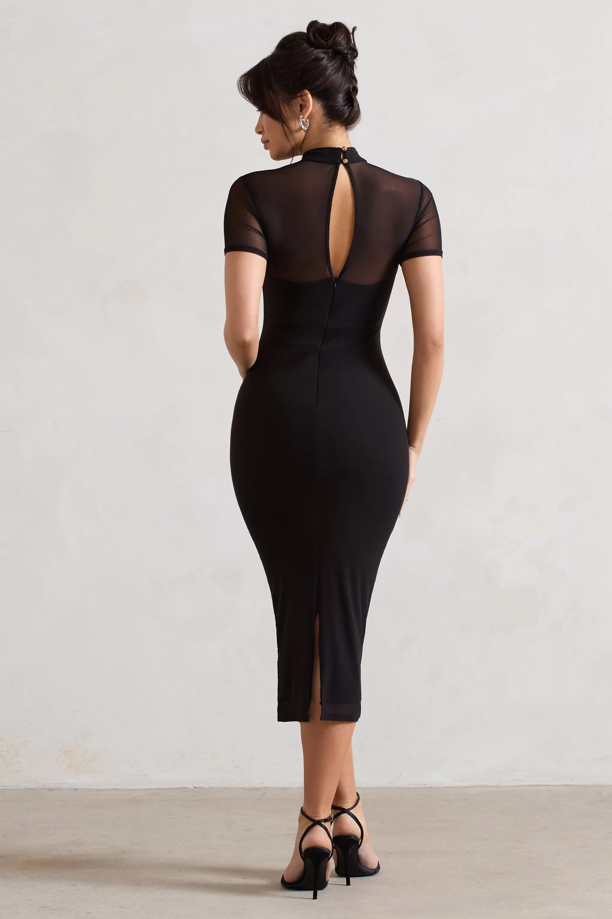 Melinda | Black High-Neck Short Sleeve Midi Dress