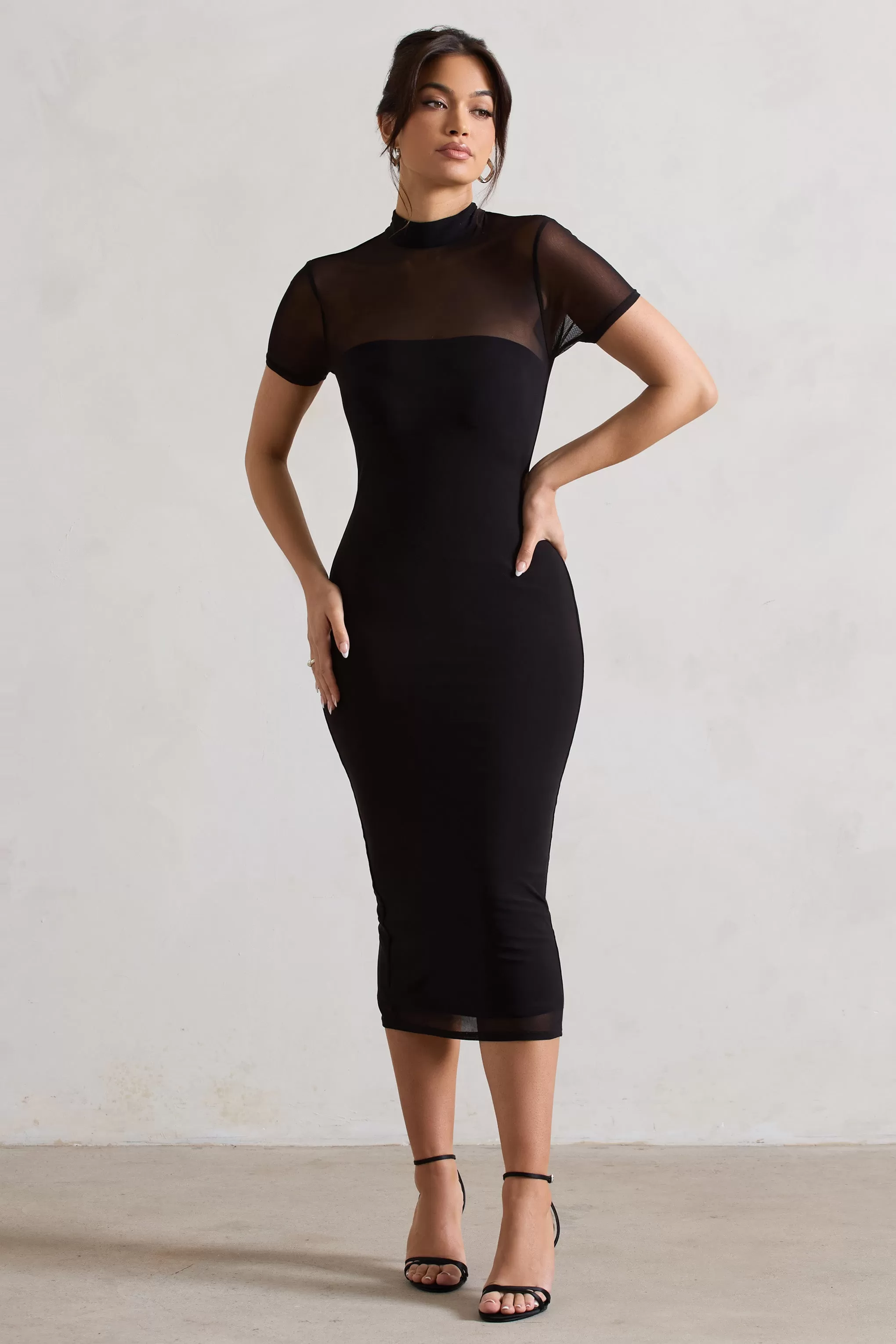 Melinda | Black High-Neck Short Sleeve Midi Dress