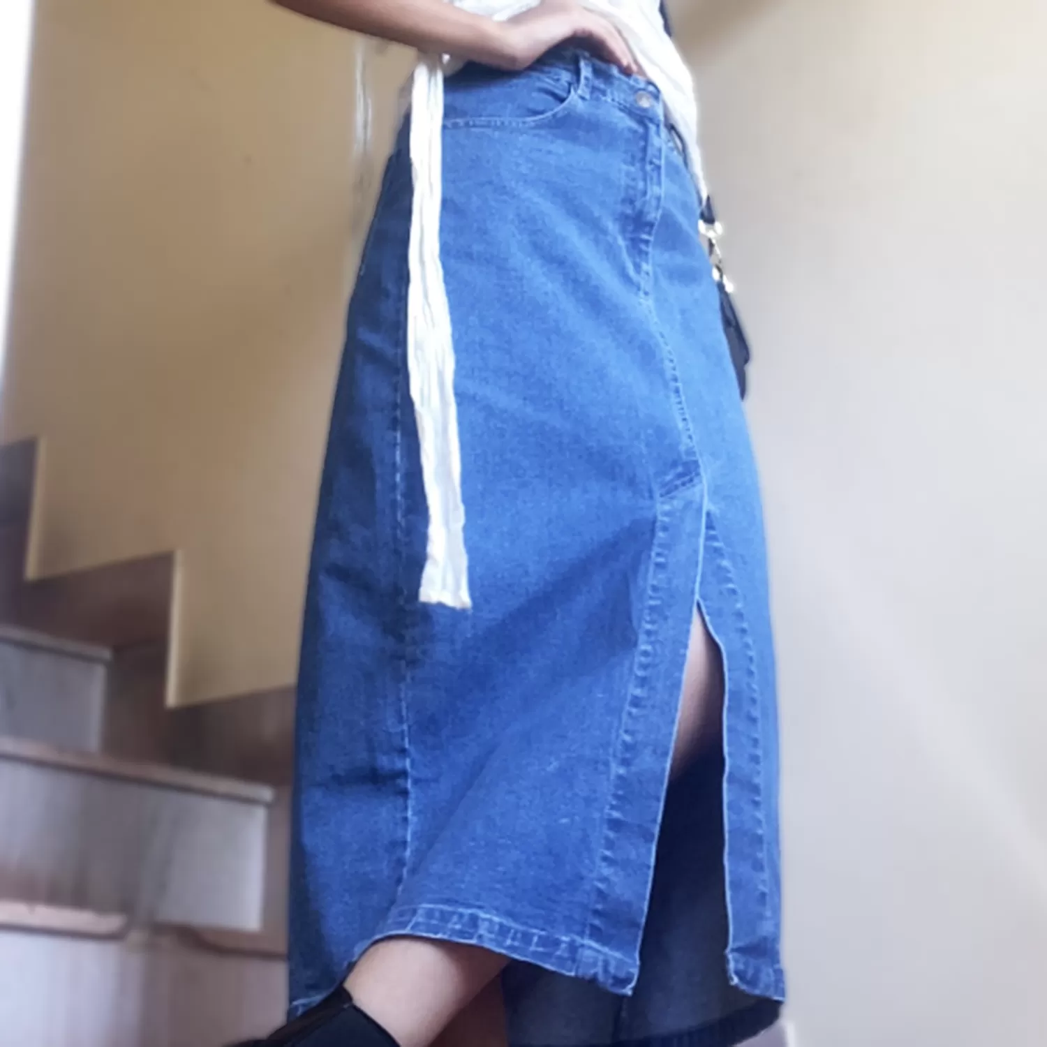 Mid-Blue Denim Midi Skirt