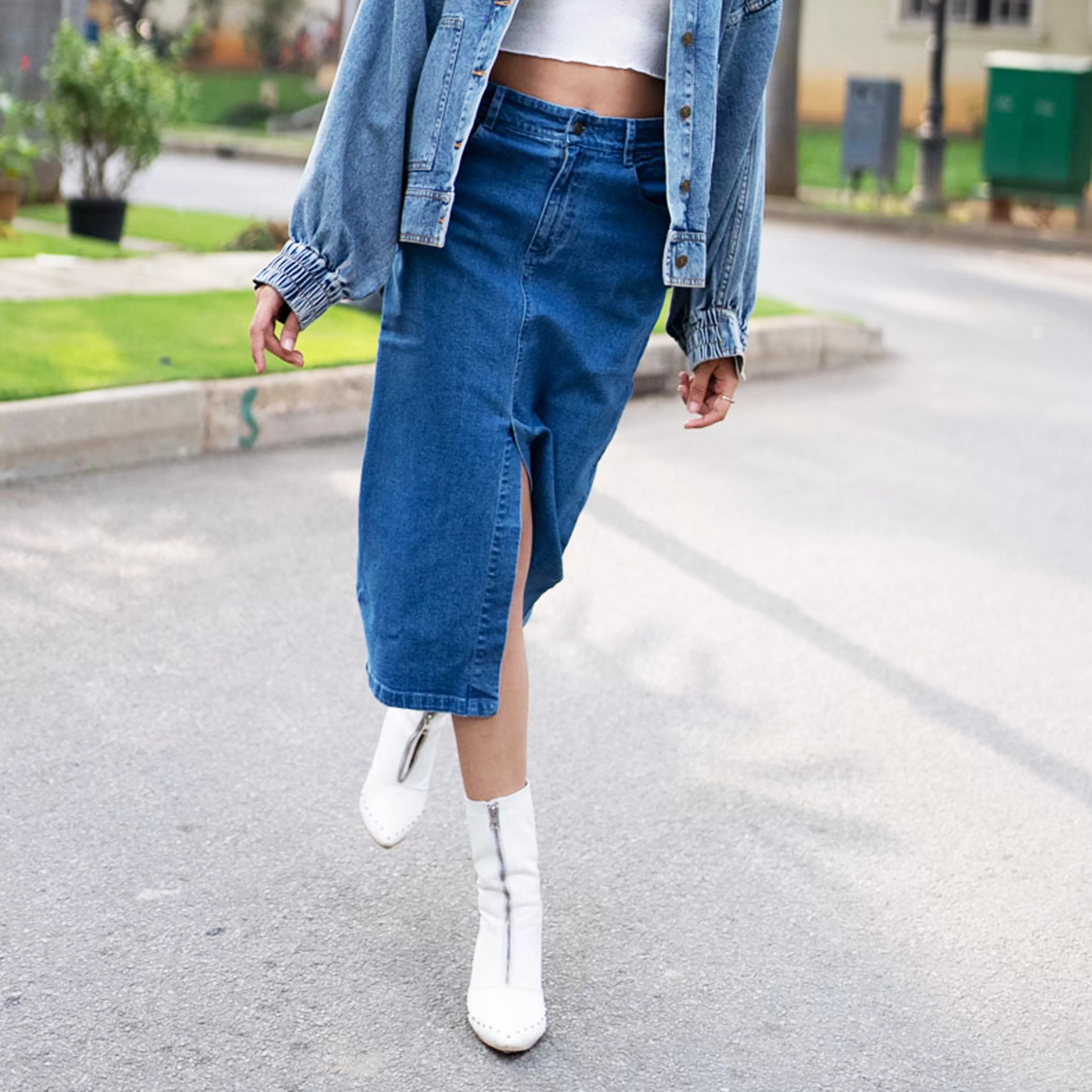 Mid-Blue Denim Midi Skirt