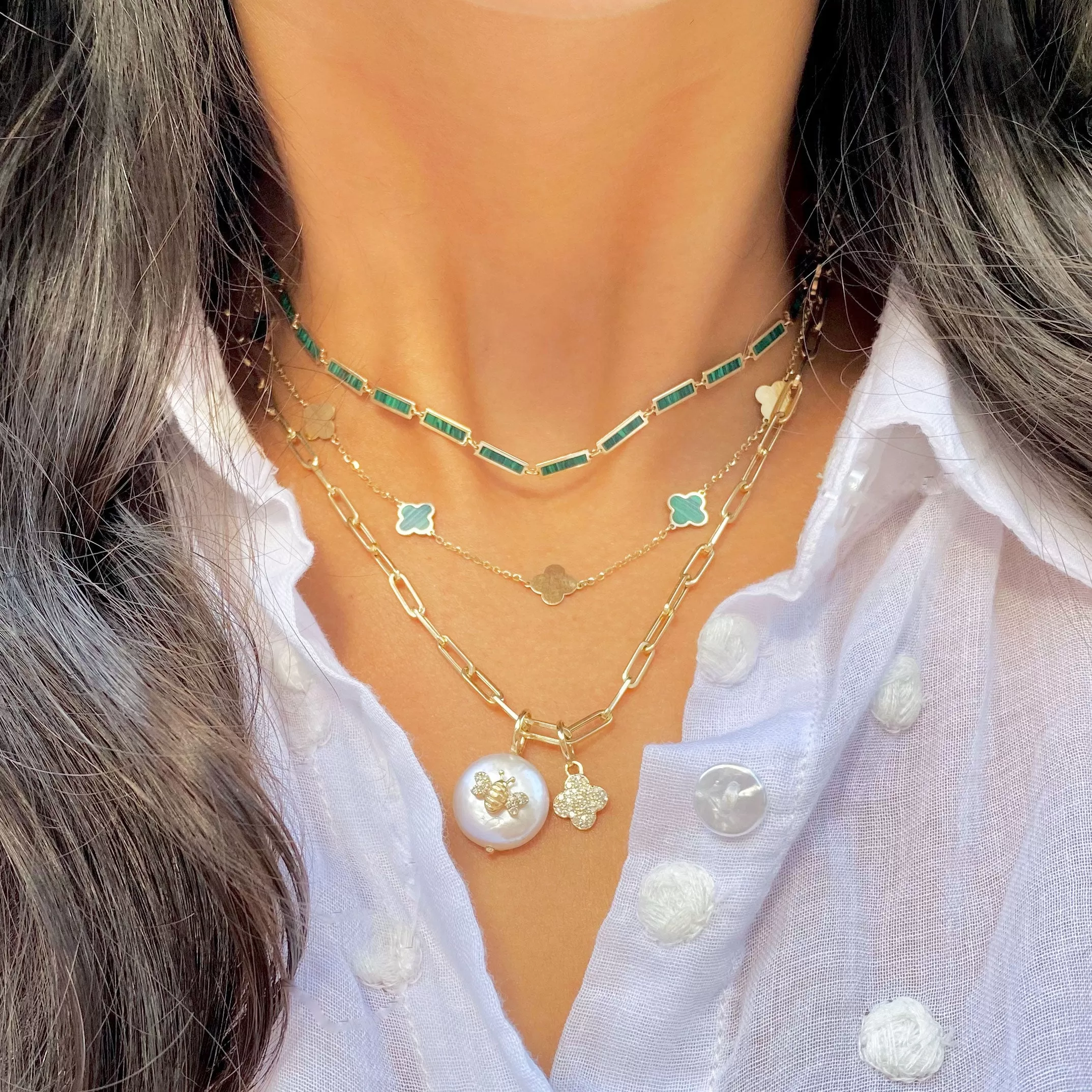 Mini Malachite and Gold Clover Necklace