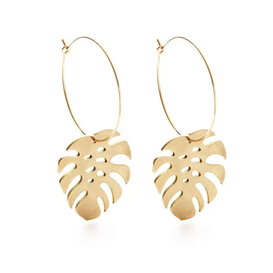 Monstera Leaves Gold-Fill Hoops