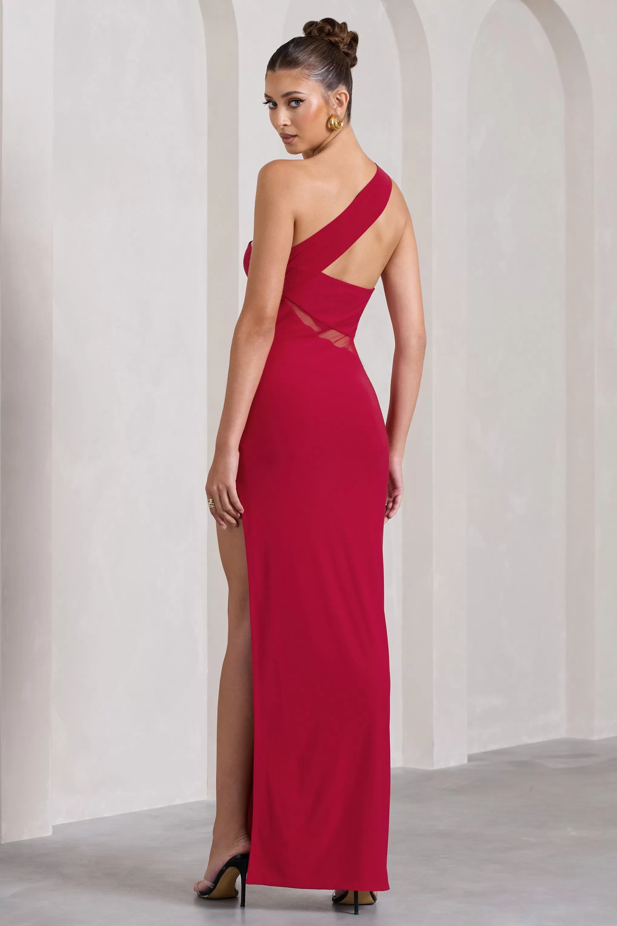 My Night | Red One Shoulder Sleeveless Cut-Out Split Maxi Dress