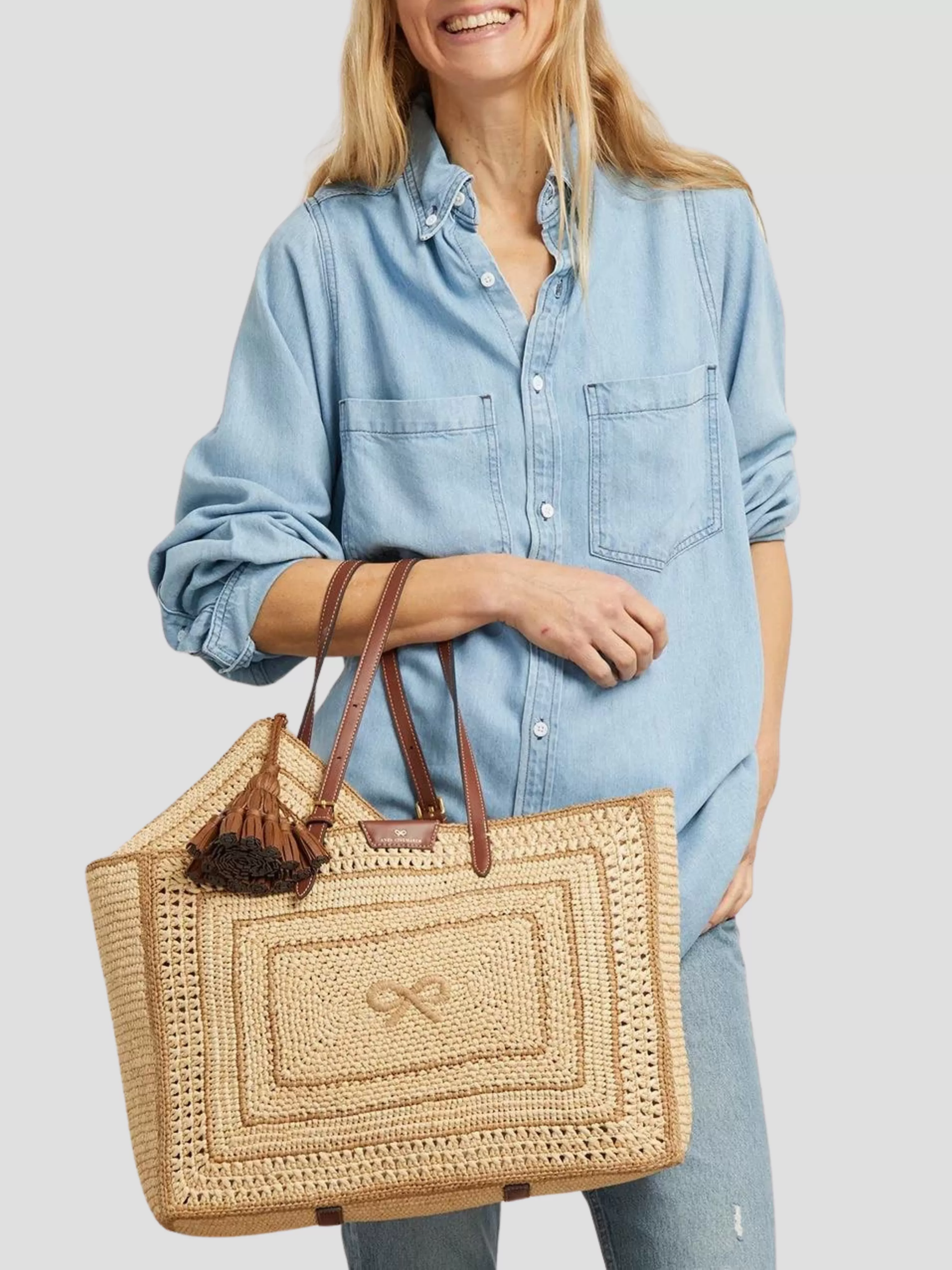 Natural Raffia E/W Bow Tote