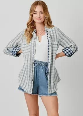 Navy Plaid Cuffed Top