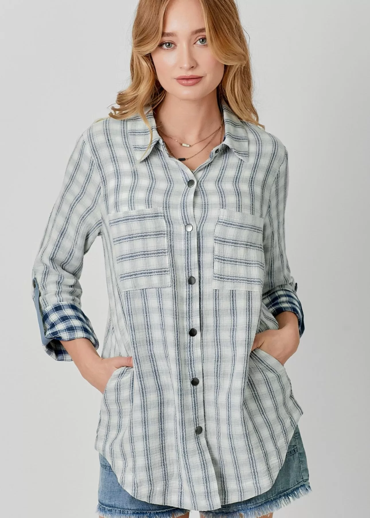 Navy Plaid Cuffed Top