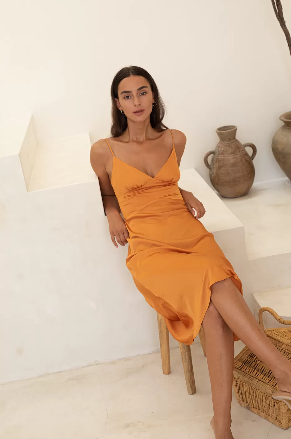 OCHRE SATIN MIDI DRESS