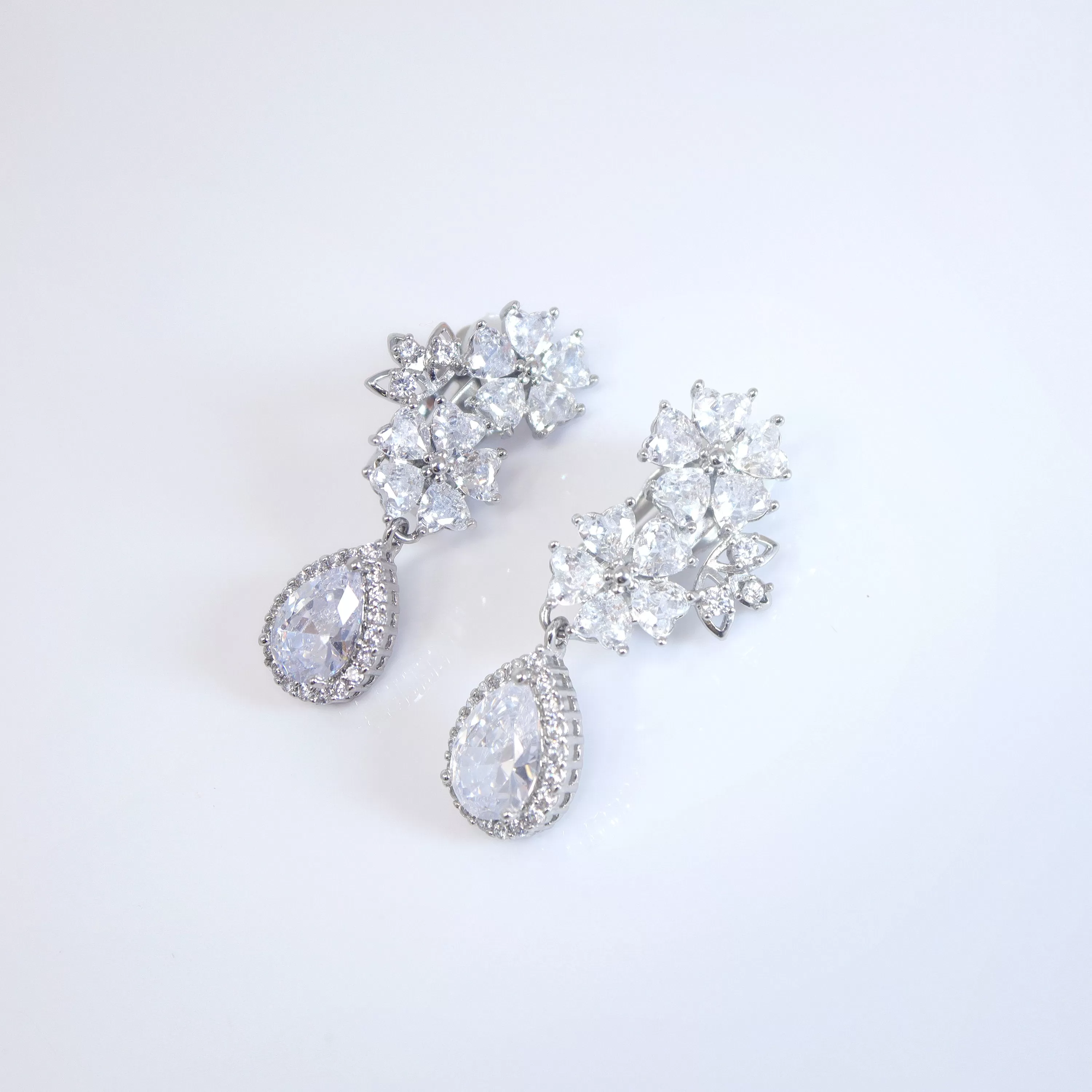 Opulent Flower Garden: Swarovski Crystal Bridal Clip On Drop Earrings with Diamond Details, Crystal Bridal Earrings, Statement Earrings Cz