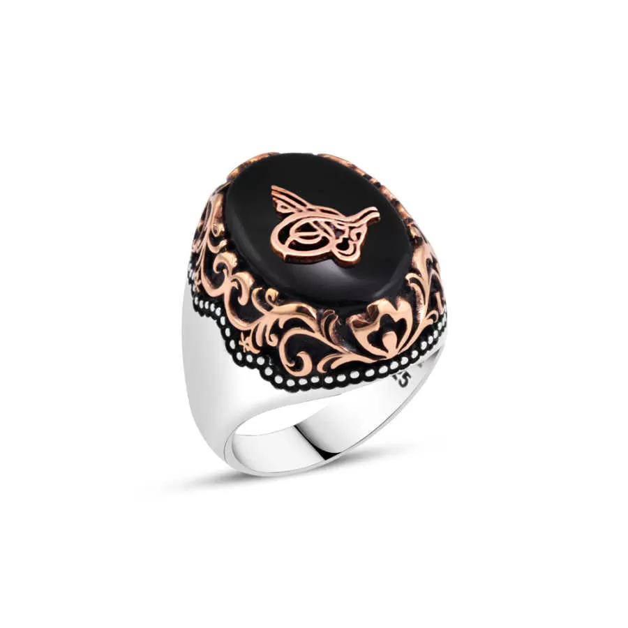 Ottoman Tughra on Black Ellipse Onyx Stone Silver Men’s Ring with Wavy Top Pattern