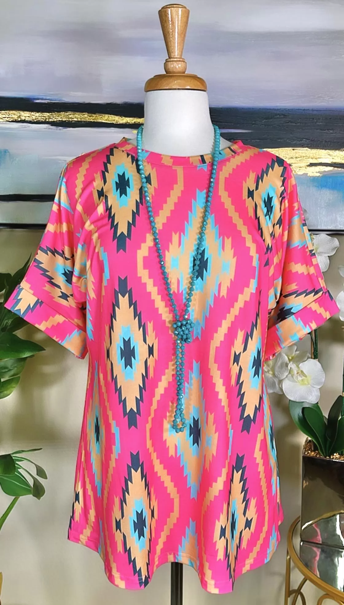 Pink & Turquoise tribal short sleeve top