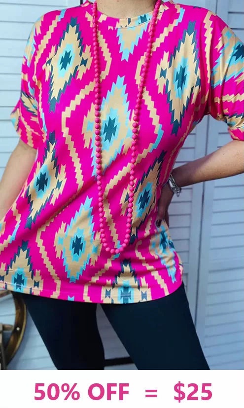 Pink & Turquoise tribal short sleeve top