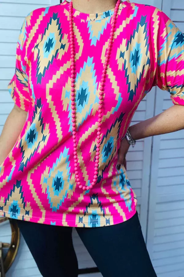 Pink & Turquoise tribal short sleeve top