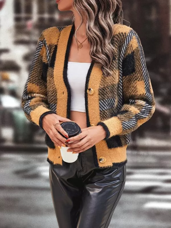 Plaid Button Women Cardigan Sweater