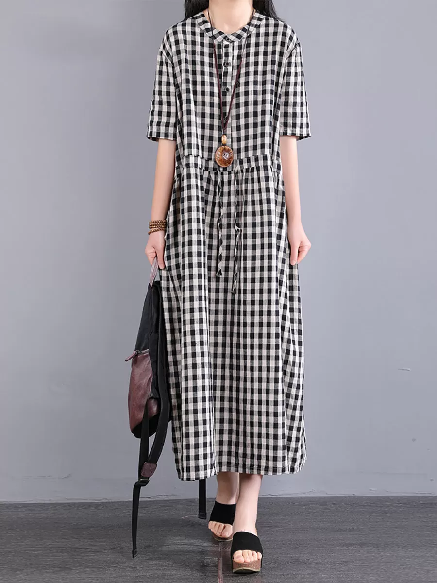 Plus Size Women Casual Plaid Summer Cotton Linen Dress SC1061