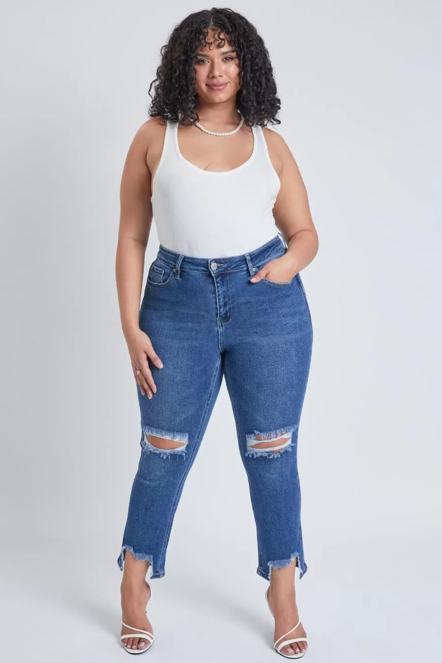 Plus Size Women's Dream Slim Straight Ankle Jeans With Hem Destruction