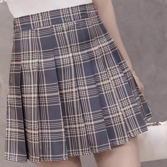 Preppy Style High Waist Chic Stitching Skirt Pleated