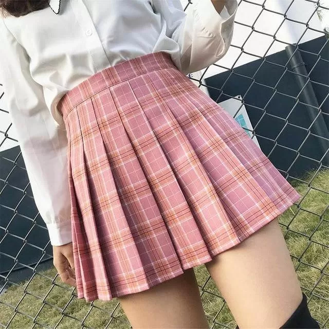 Preppy Style High Waist Chic Stitching Skirt Pleated