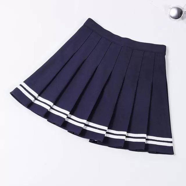 Preppy Style High Waist Chic Stitching Skirt Pleated