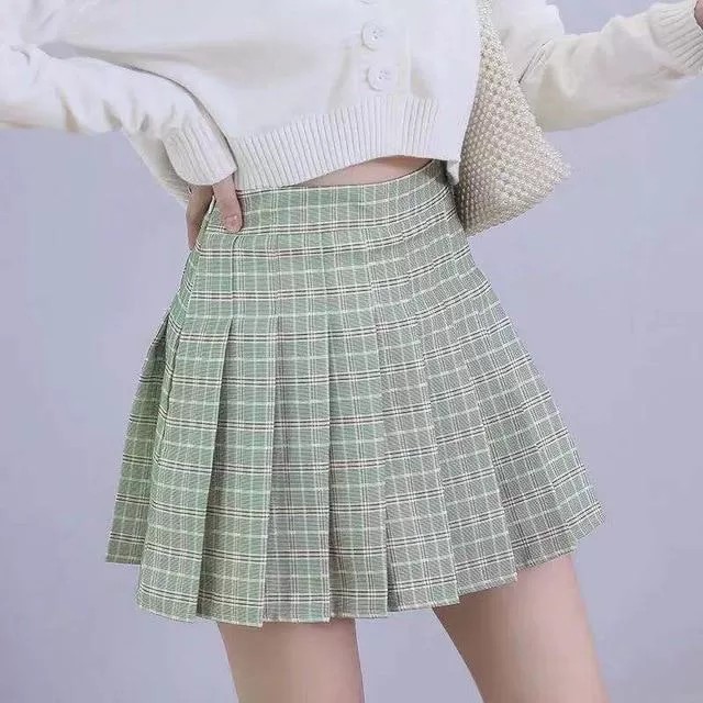 Preppy Style High Waist Chic Stitching Skirt Pleated