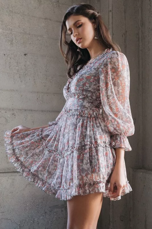 Printed Ruffle Long Balloon Sleeved Empire Waist Mini Dress