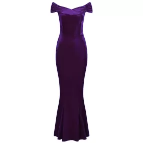 Purple Cap Sleeve Crossover Bust Fishtail Hem Velour Maxi Dress