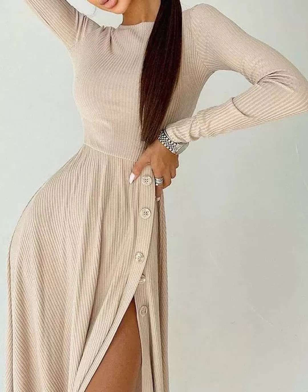 Ribbed Knit High Slit Dress