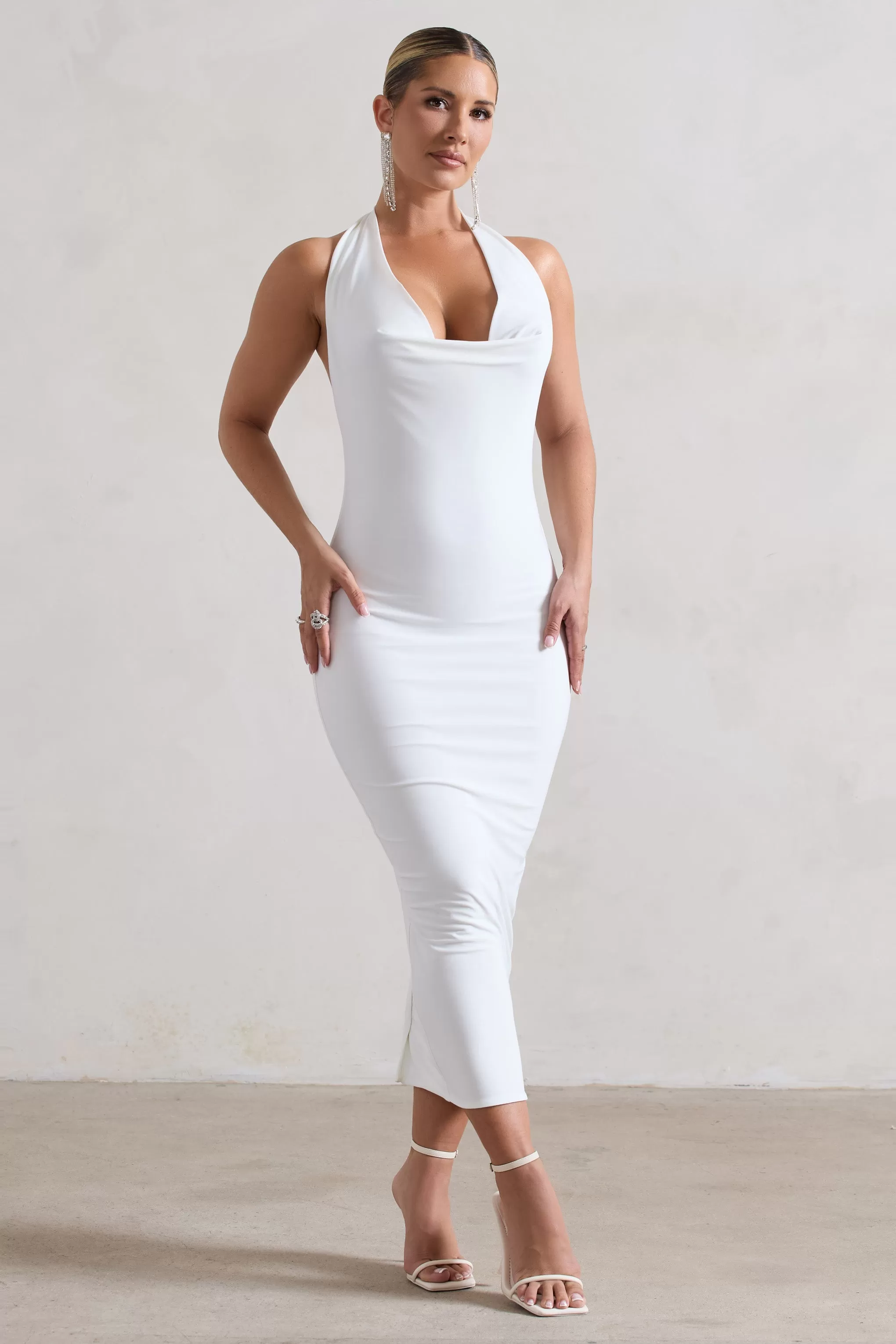 Roulette | White Cowl-Neck Midi Dress