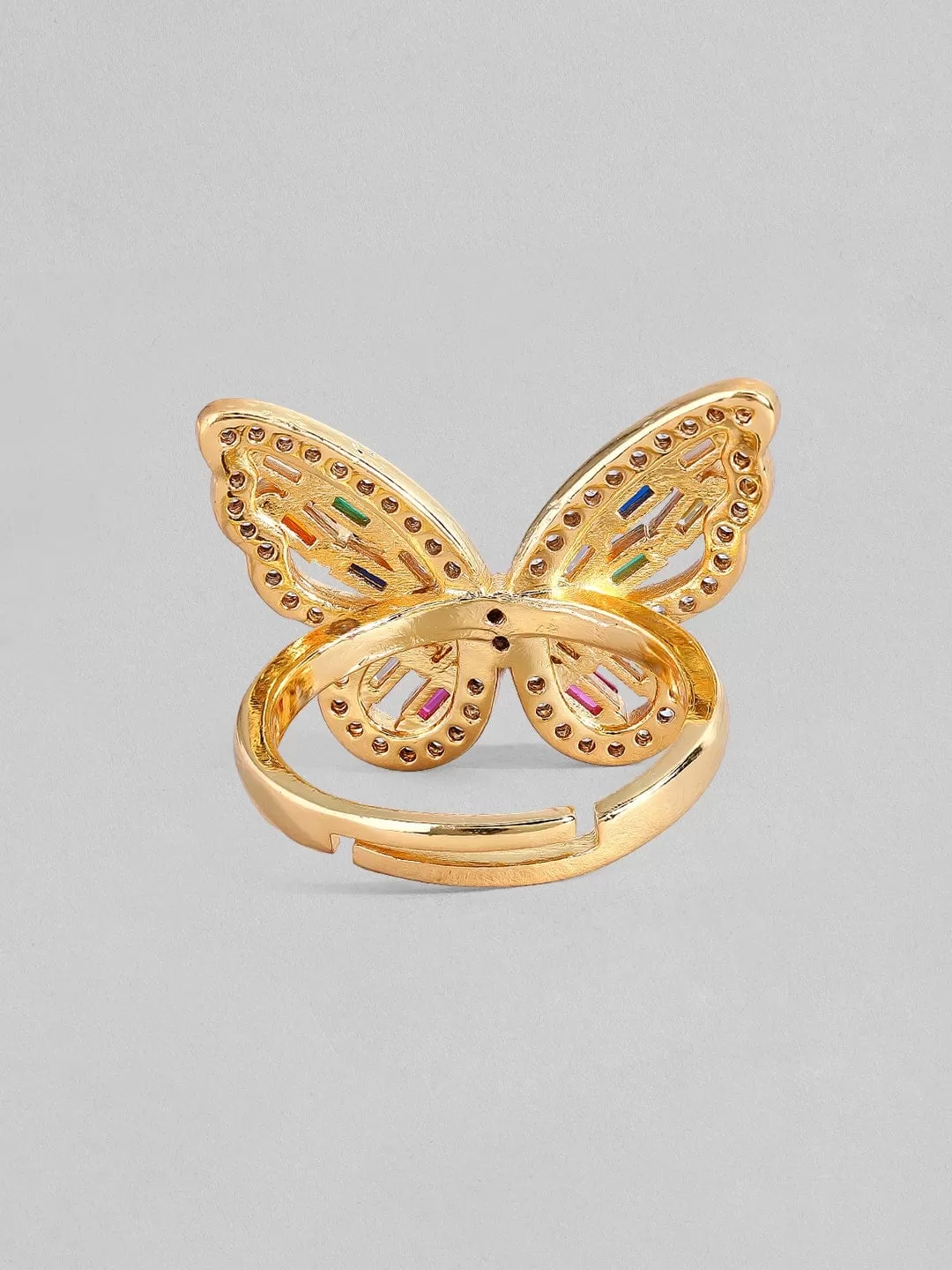 Rubans Voguish 18K Gold Plated Stainless Steel Waterproof Statement Butterfly Ring With Multicolour Zircon Stones.